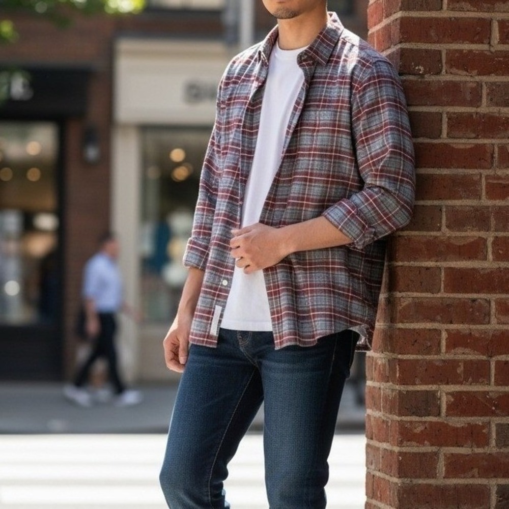 UNTUCKit‎ Cabero Mens Large Grey Red Plaid Flannel Button Down Shirt 40785